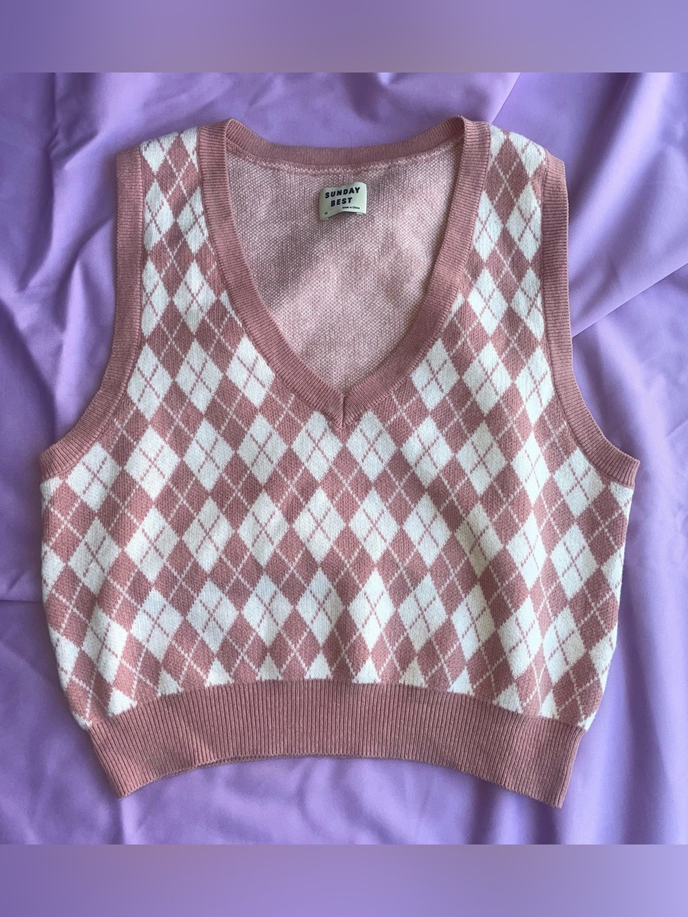 Sunday Best Pink and White coquette Argyle Knit sweater vest